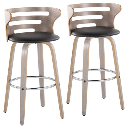 Mid century modern barstool pair with black cushioned seats, wood back, chrome footrest on Tampa Home & Garden Store