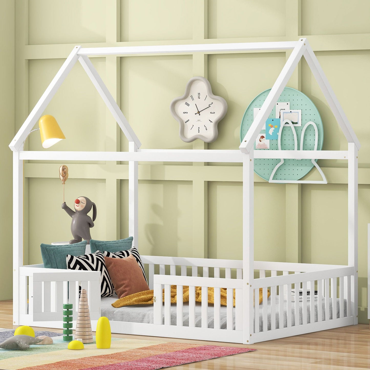 Wood House Bed With Fence And Door by HouseOfZazla white wooden platform bed for kids on Tampa Home & Garden Store