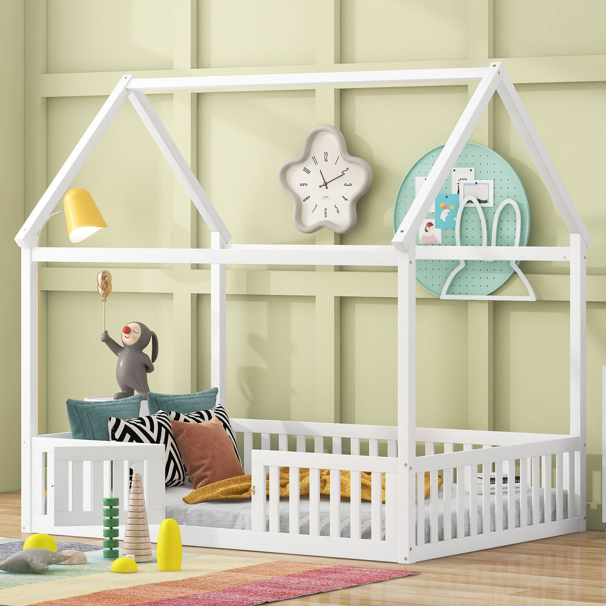 Wood House Bed With Fence And Door by HouseOfZazla white wooden platform bed for kids on Tampa Home & Garden Store