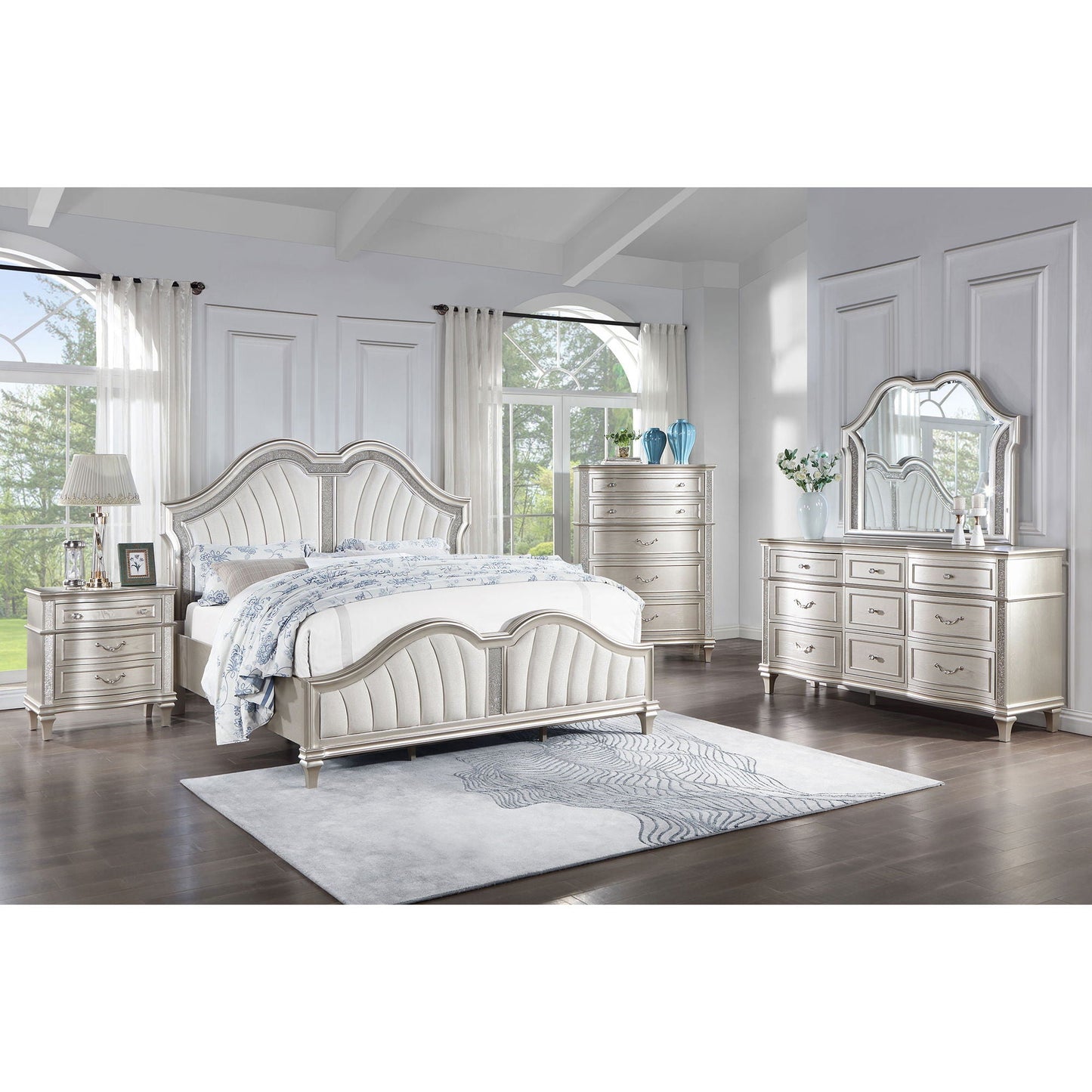 Katerina platform bed LED-lit by HouseOfZazla; silver upholstered headboard with ornate frame on Tampa Home & Garden Store