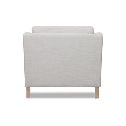 Beige arm chair with high track arms and solid wood legs, light linen upholstery on Tampa Home & Garden Store