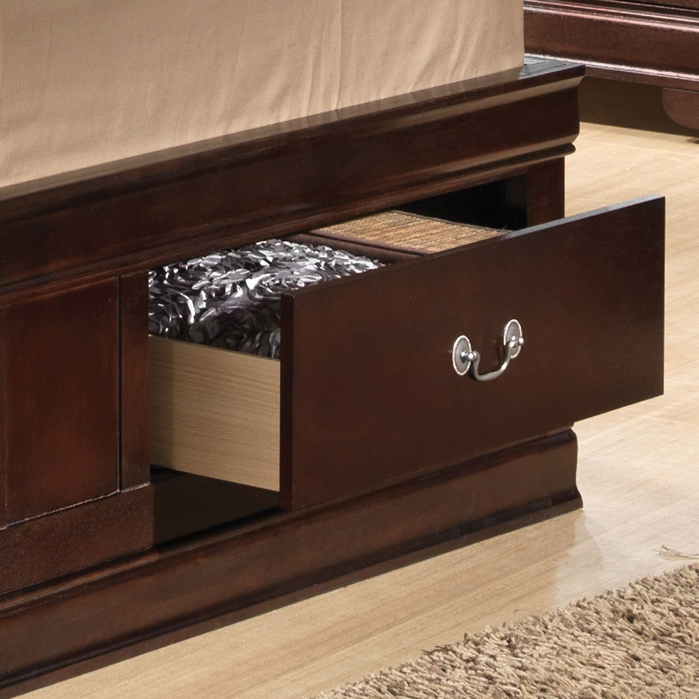 Louis Phillipe bookcase storage bed in dark wood with open drawer and fabric storage bag on Tampa Home & Garden Store