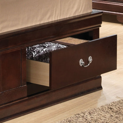 Louis Phillipe bookcase storage bed in dark wood with open drawer and fabric storage bag on Tampa Home & Garden Store