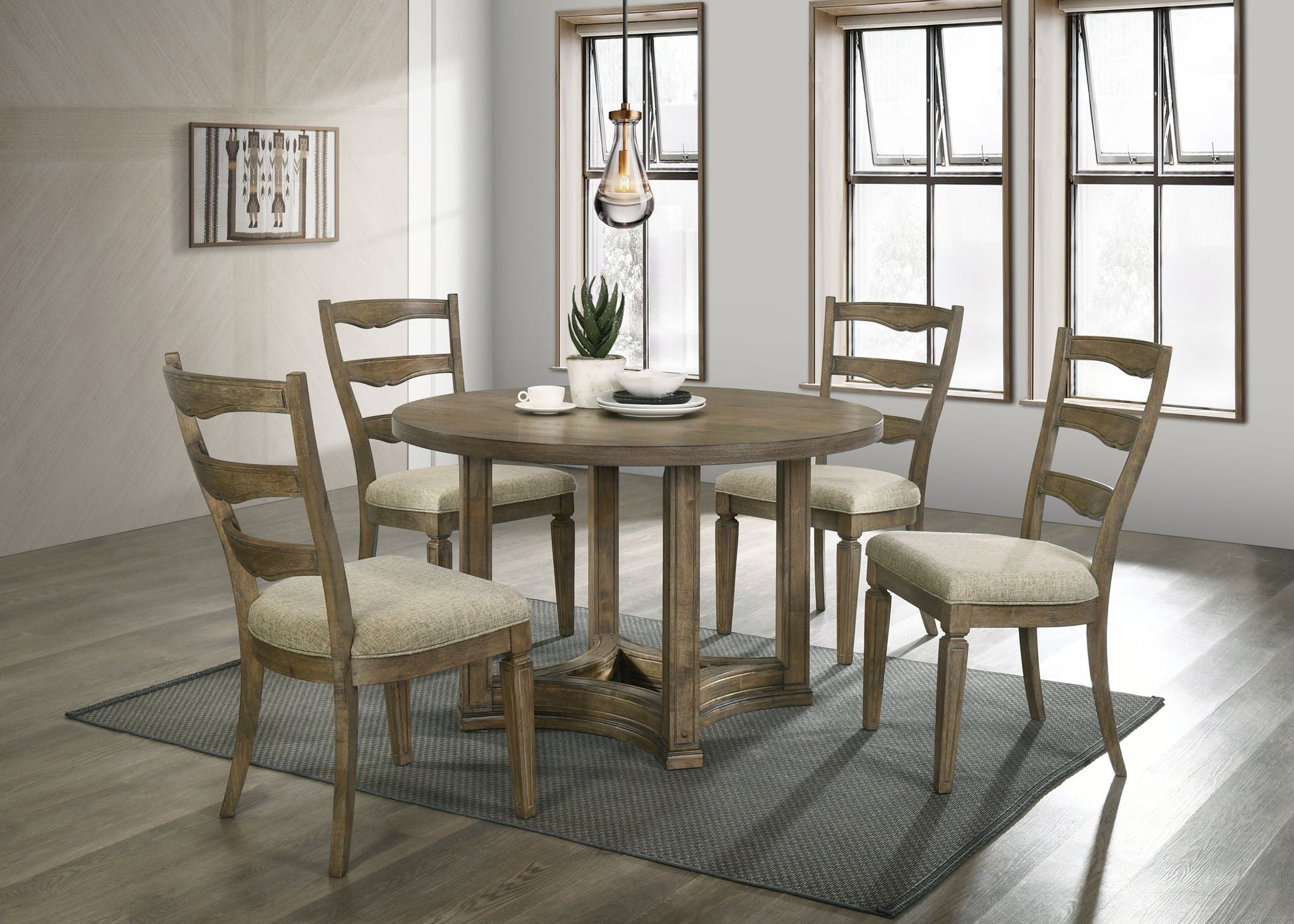 HouseOfZazla Parfield 5-piece round dining set in light brown oak with round table and four upholstered chairs on Tampa Home & Garden Store