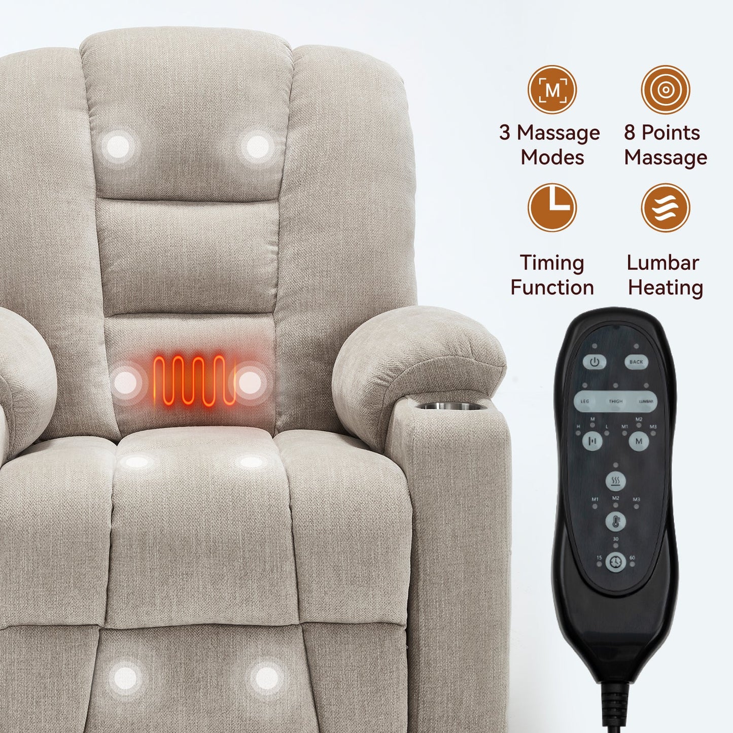 Power lift recliner chair with massage and heat in beige fabric by HouseOfZazla with remote on Tampa Home & Garden Store