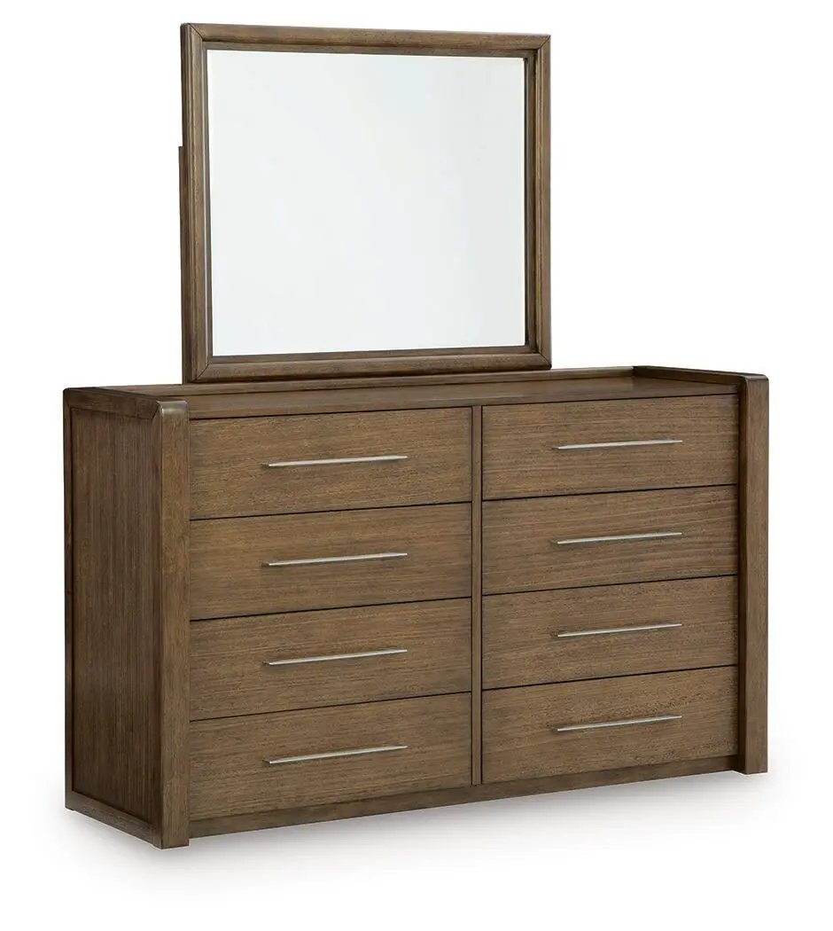 Marxmore dresser with mirror, warm brown wood finish, six drawers, sleek metal handles on Tampa Home & Garden Store