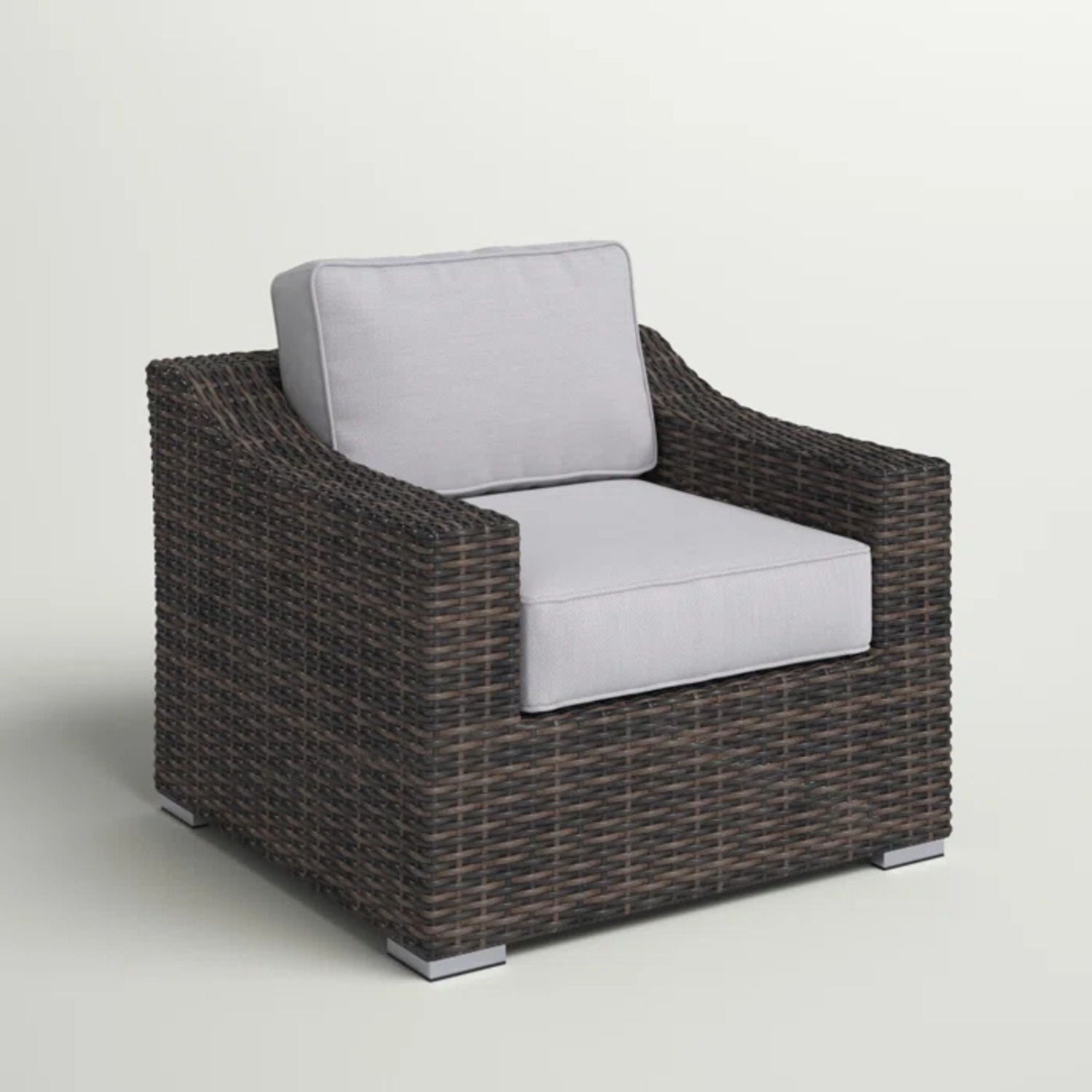 Patio arm chair with cushions, dark brown wicker, light gray cushions, outdoor seating on Tampa Home & Garden Store