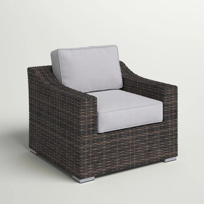 Patio arm chair with cushions, dark brown wicker, light gray cushions, outdoor seating on Tampa Home & Garden Store