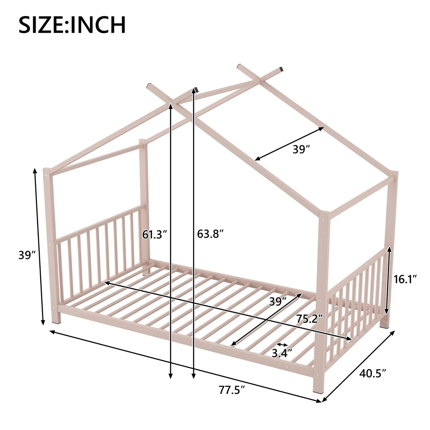 Metal house canopy bed frame in blush tone, durable steel by Unique Piece Furniture on Tampa Home & Garden Store