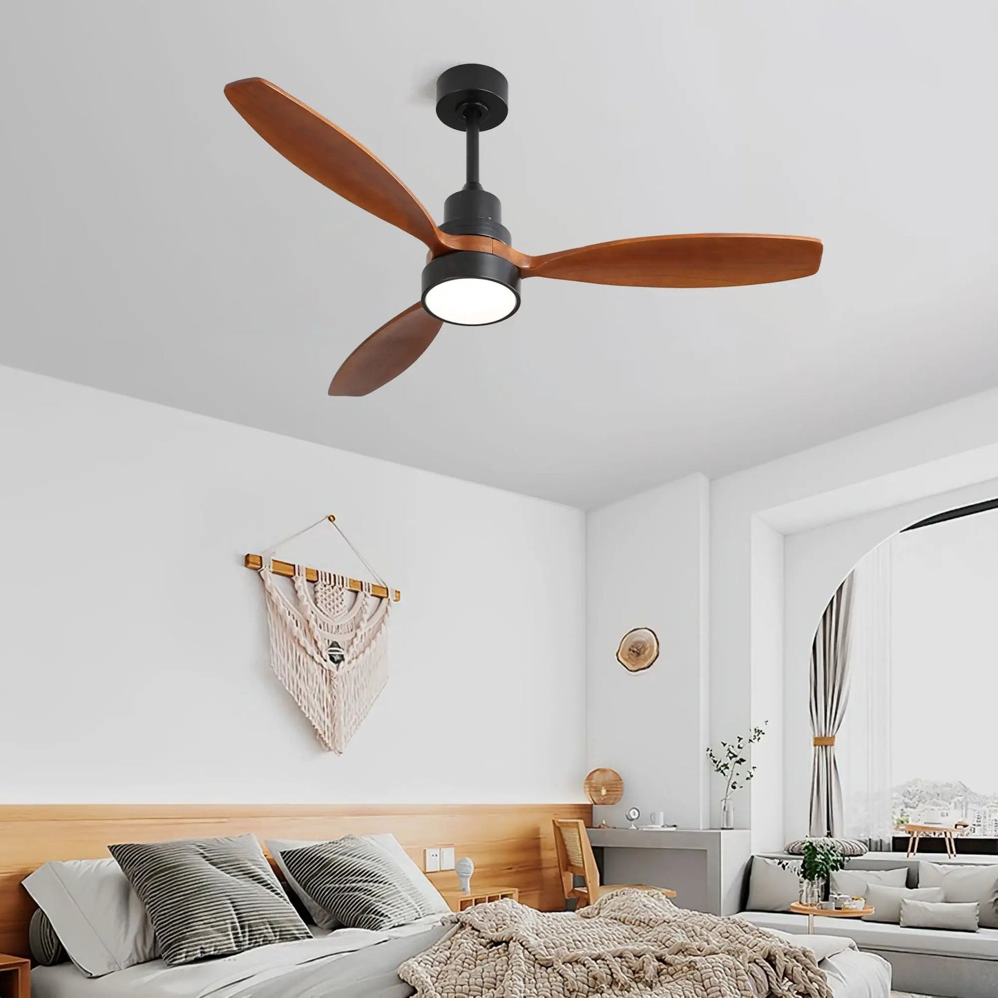 Ceiling fan with reversible DC motor, LED light, solid wood blades and remote on Tampa Home & Garden Store
