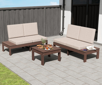 HDPE outdoor patio sofa set, 3-piece modern conversation with beige cushions and brown frames on Tampa Home & Garden Store