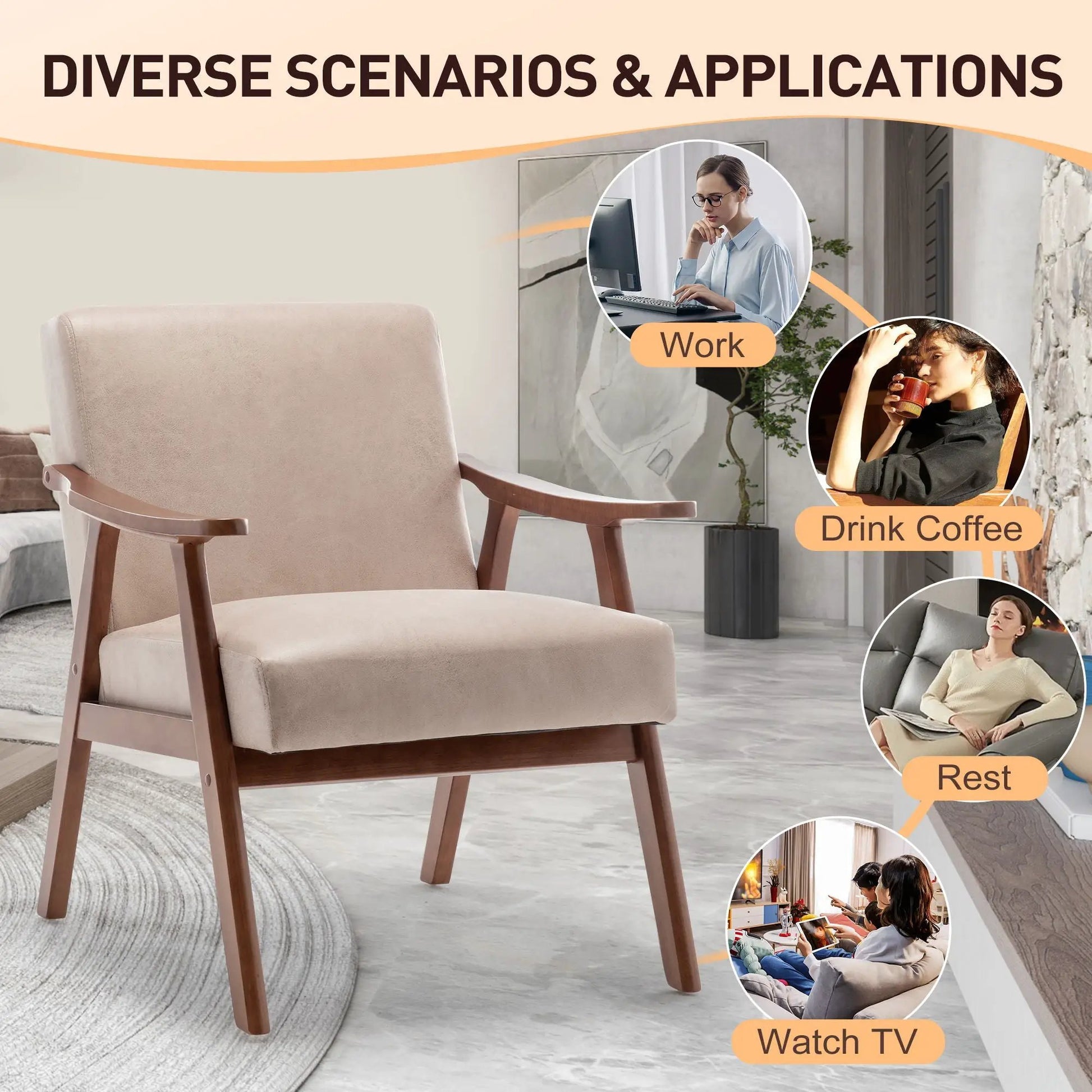 Mid Century Modern Accent Arm Chair with solid wood frame thick backrest beige upholstery on Tampa Home & Garden Store