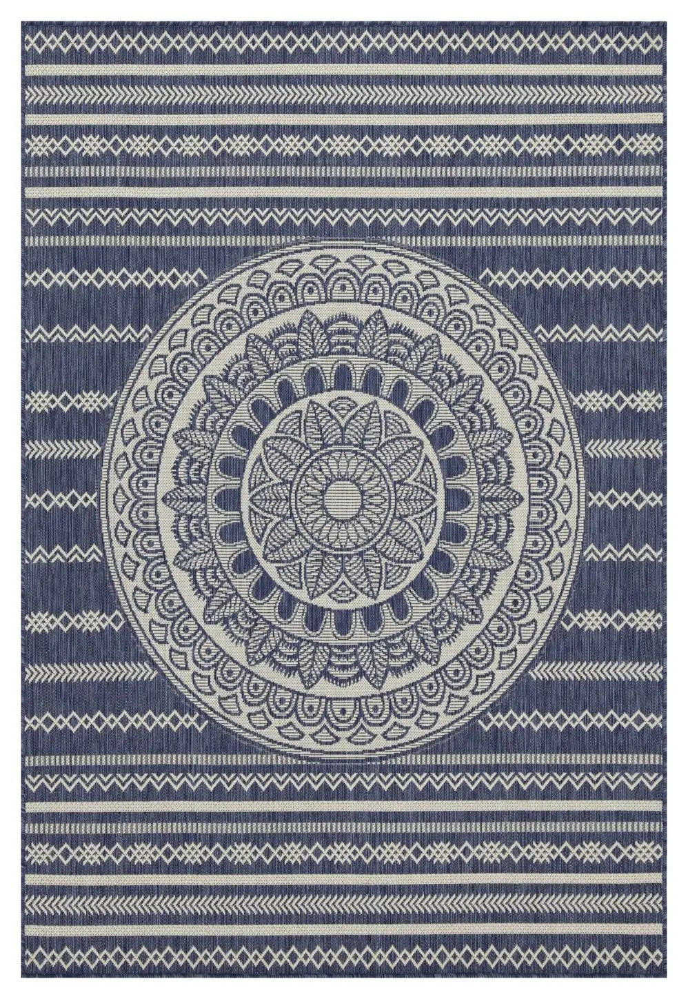 Sunshine indoor/outdoor area rug blue and white with a large central mandala design; polypropylene; Unique Piece Furniture on Tampa Home & Garden Store