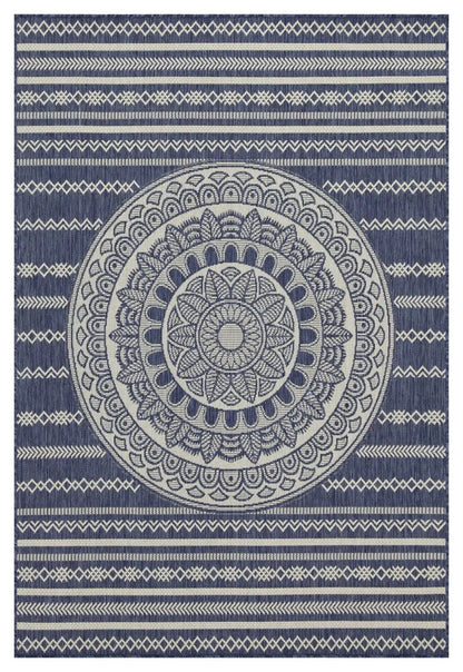 Sunshine indoor/outdoor area rug blue and white with a large central mandala design; polypropylene; Unique Piece Furniture on Tampa Home & Garden Store
