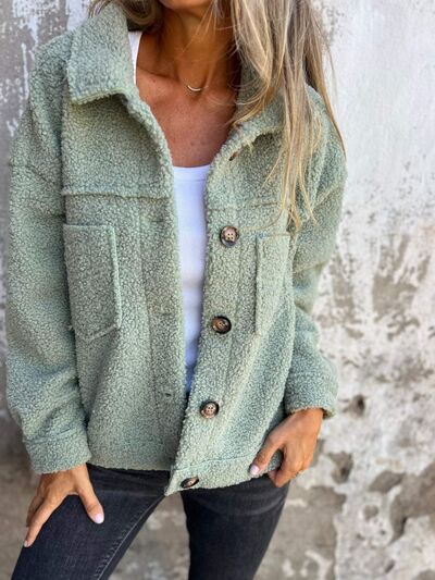 Stevvex fuzzy button-up jacket for women in green with drop shoulders and patch pockets on Tampa Home & Garden Store