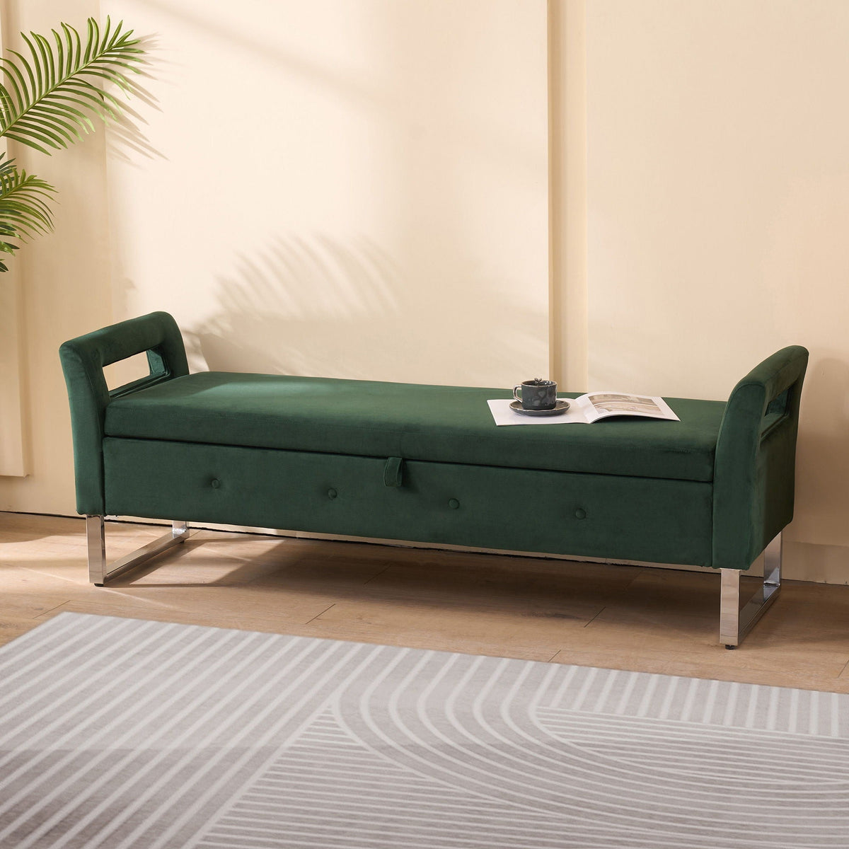 Wide storage ottoman bench by HouseOfZazla in green velvet fabric with armrests and chrome legs on Tampa Home & Garden Store