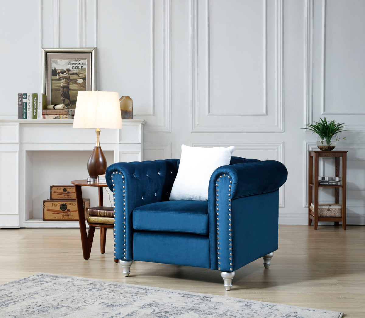 HouseOfZazla blue velvet lounge chairs with faux jeweled tufting and nailhead trim pair on Tampa Home & Garden Store
