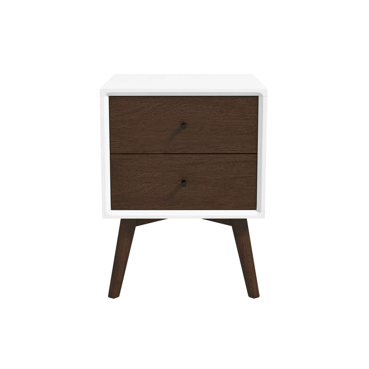 Mid-Century Night Stand 2-Drawer, white frame with dark brown fronts, angled legs on Tampa Home & Garden Store