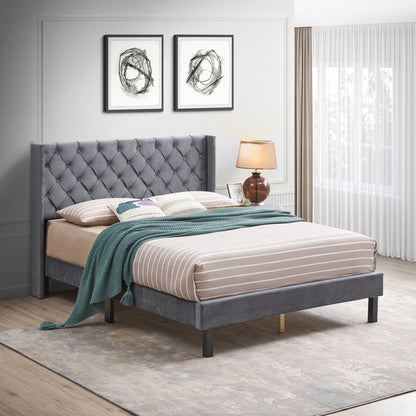 Velvet tufted winged queen platform bed with wood slat support gray on Tampa Home & Garden Store