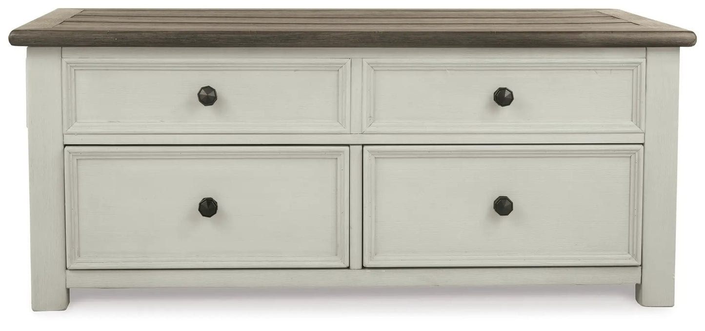 Bolanburg Lift-Top Cocktail Table white/beige base, brown top, 4 drawers with black knobs on Tampa Home & Garden Store