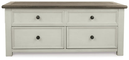 Bolanburg Lift-Top Cocktail Table white/beige base, brown top, 4 drawers with black knobs on Tampa Home & Garden Store