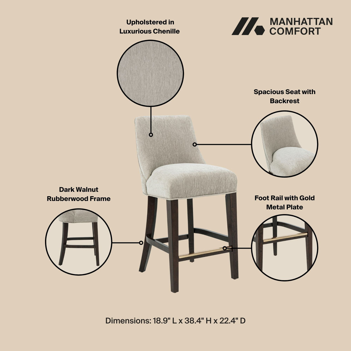 Upholstered counter-height stool with backrest and footrest in beige chenille, dark walnut frame on Tampa Home & Garden Store