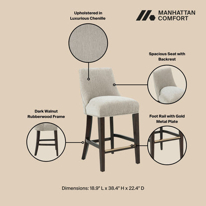 Upholstered counter-height stool with backrest and footrest in beige chenille, dark walnut frame on Tampa Home & Garden Store