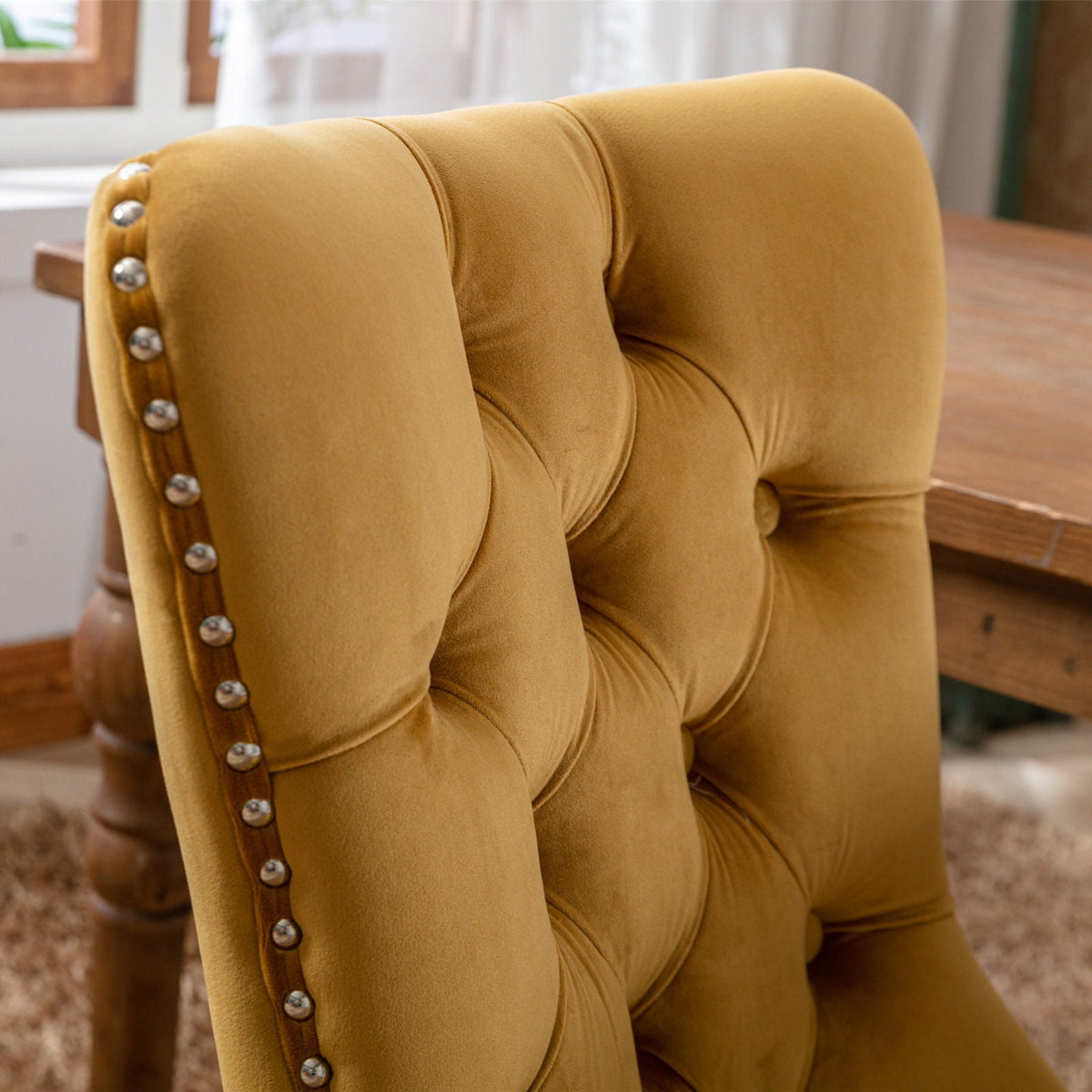 Tufted velvet dining chair set in mustard yellow with silver nailhead trim for kids on Tampa Home & Garden Store