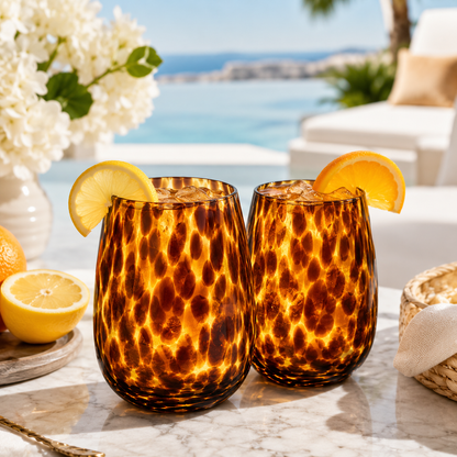 Leopard Amber Stemless Wine Glass Set of Two
