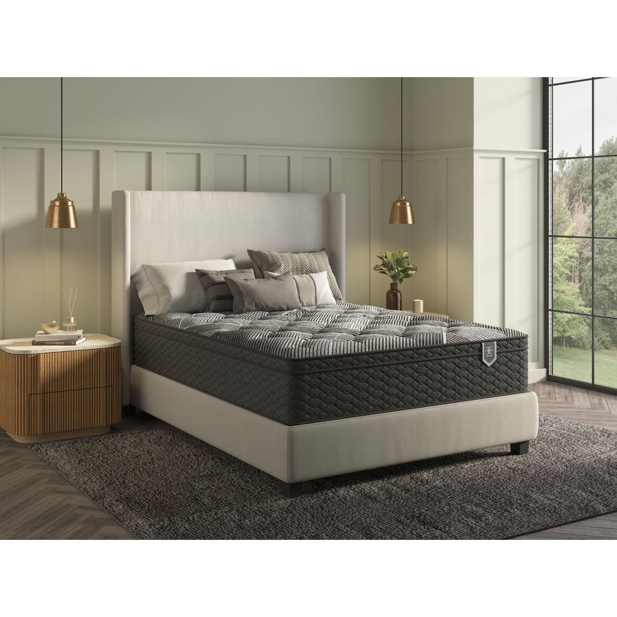 HouseOfZazla Comfort Care Hybrid Plush Mattress with 12-piece Bedding on a gray bed frame on Tampa Home & Garden Store