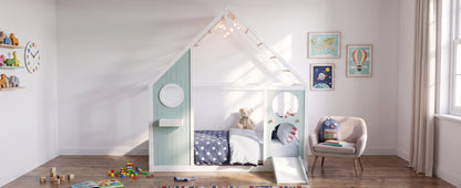 Twin House Bed with Slide by HouseOfZazla in white and mint, ball light, playhouse design on Tampa Home & Garden Store