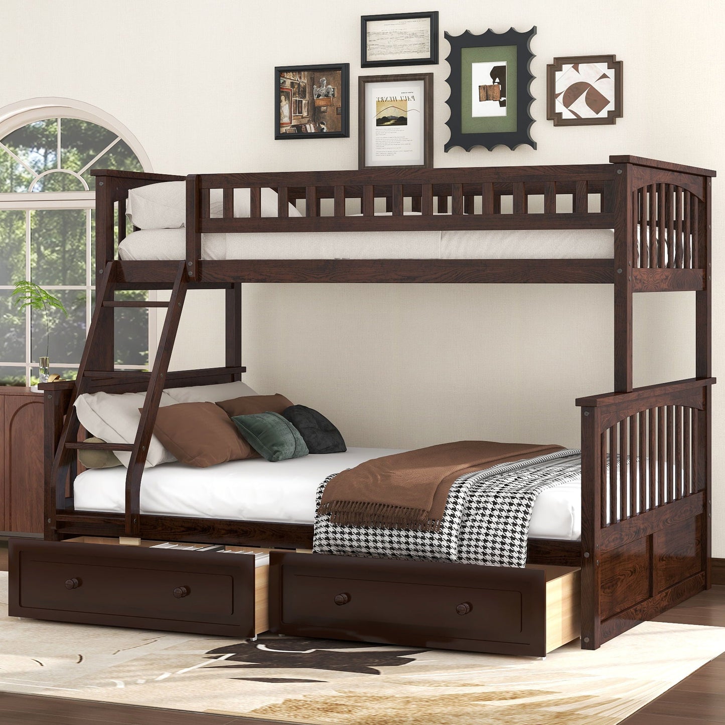 HouseOfZazla bunk bed with drawers in dark wood finish; convertible storage bed with twin-over-twin layout and under-bed drawers on Tampa Home & Garden Store