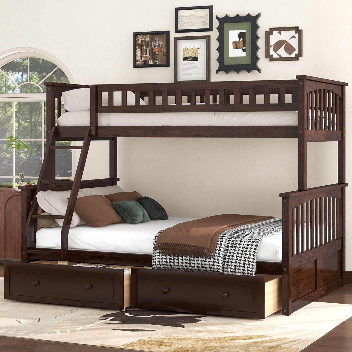 HouseOfZazla bunk bed with drawers in dark wood finish; convertible storage bed with twin-over-twin layout and under-bed drawers on Tampa Home & Garden Store