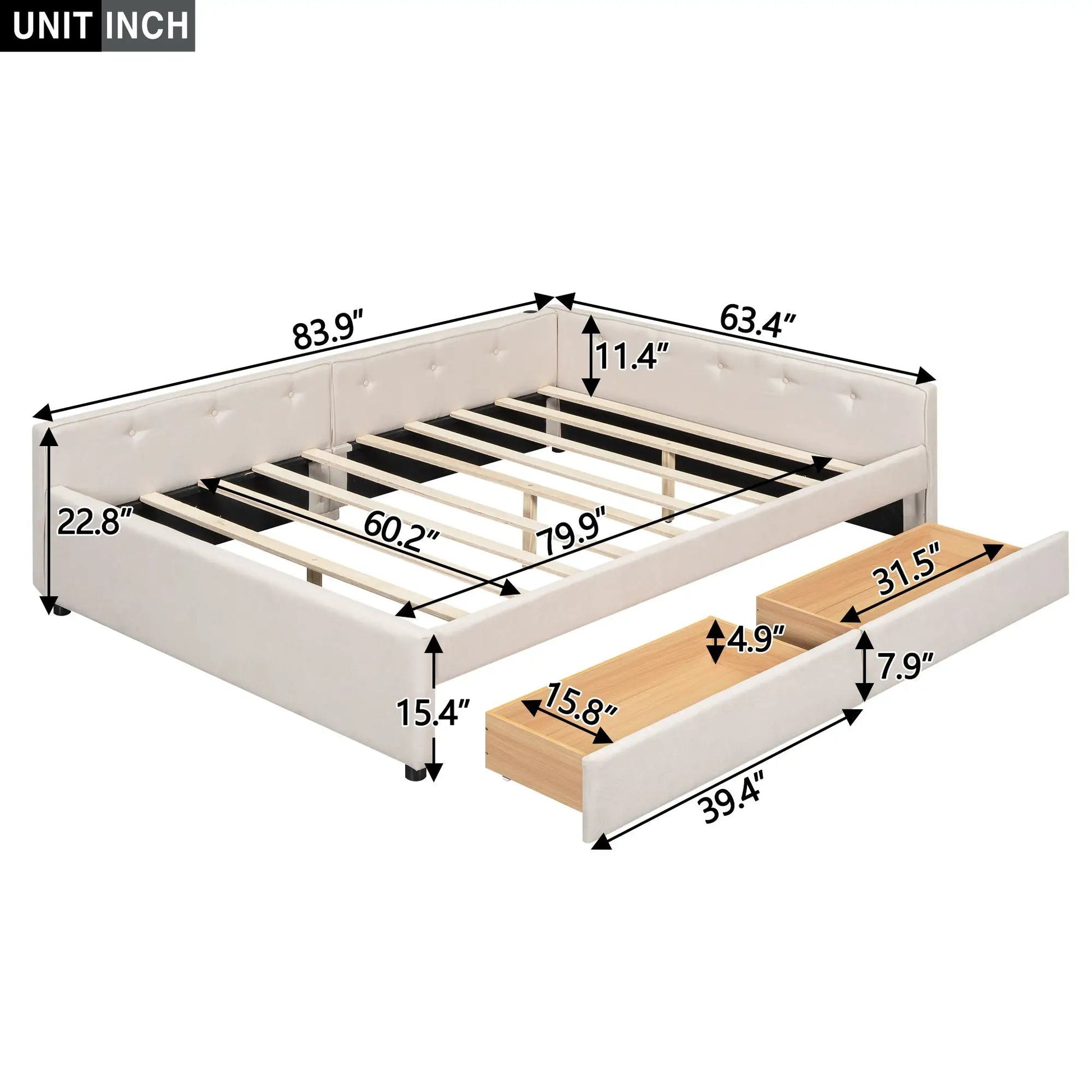 Platform bed with USB ports; beige upholstered headboard, wood slat frame, drawers on Tampa Home & Garden Store