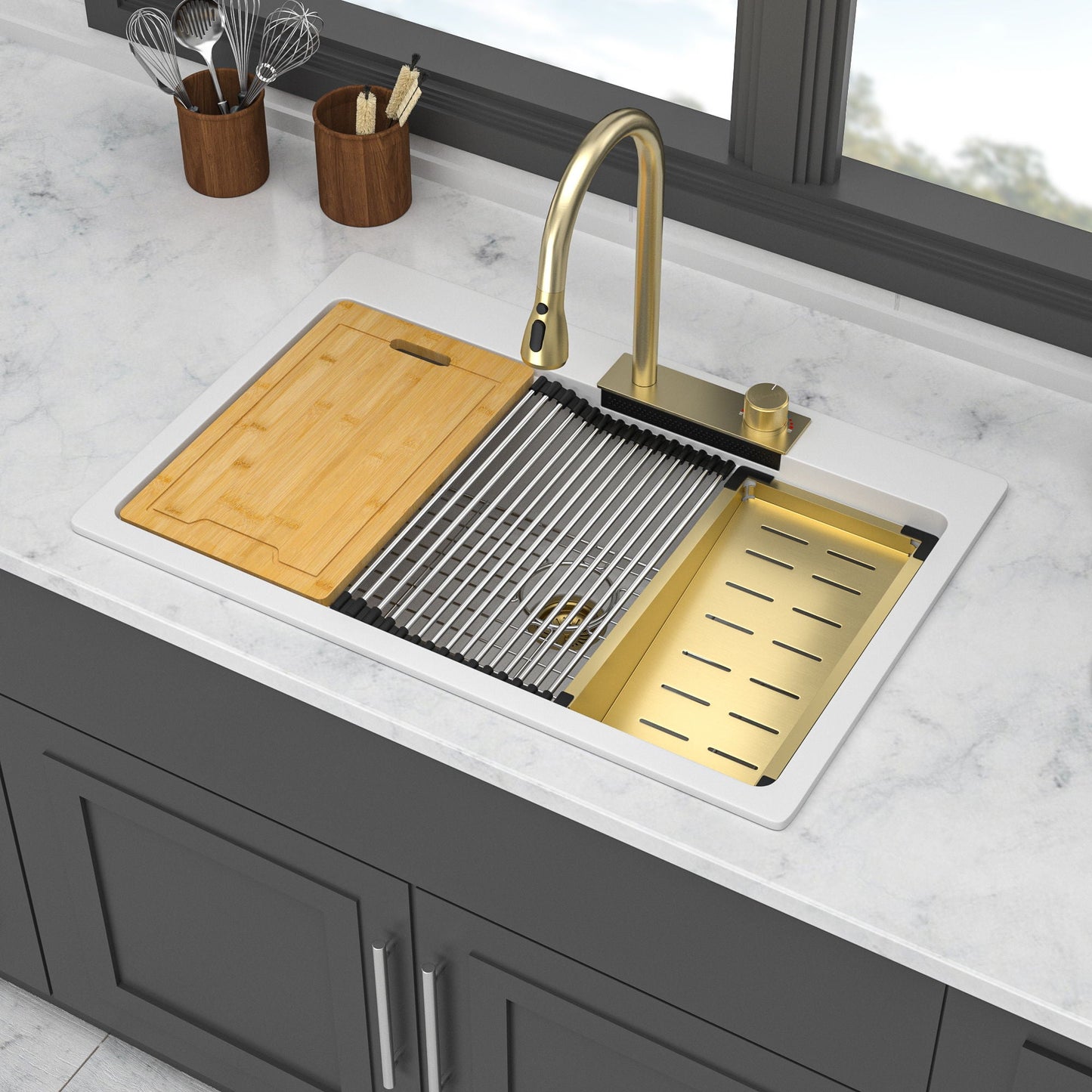Brushed Waterfall Sink with Faucet and Cup Washer