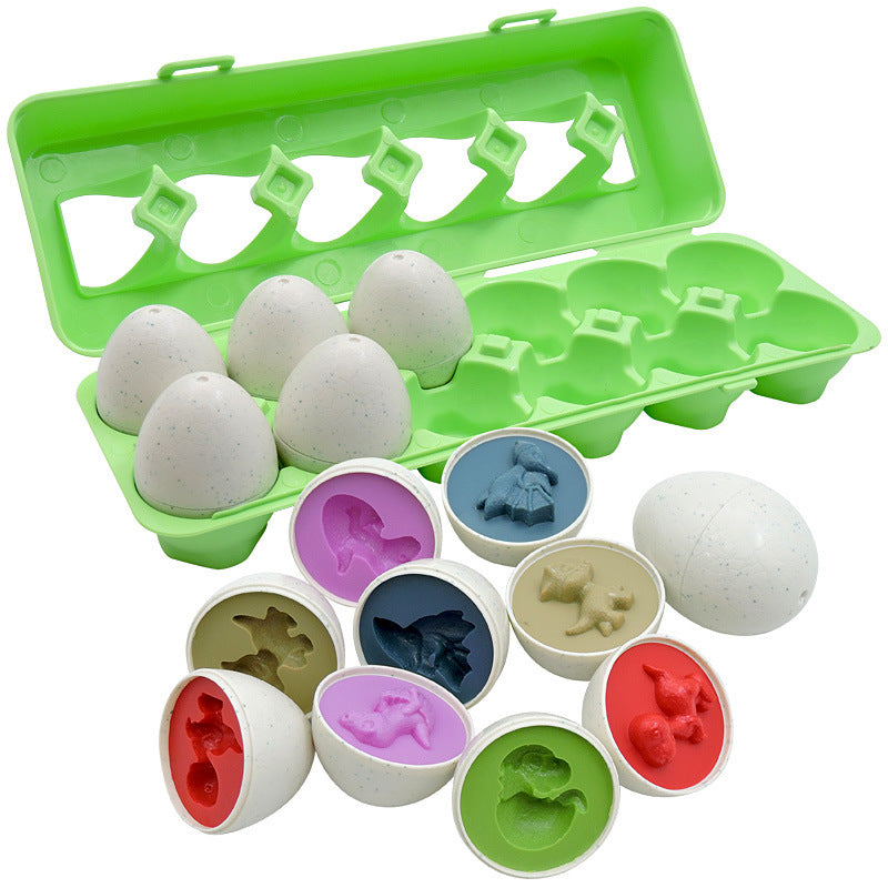 Green egg carton with six speckled eggs and colorful silicone molds for shape matching on Tampa Home & Garden Store