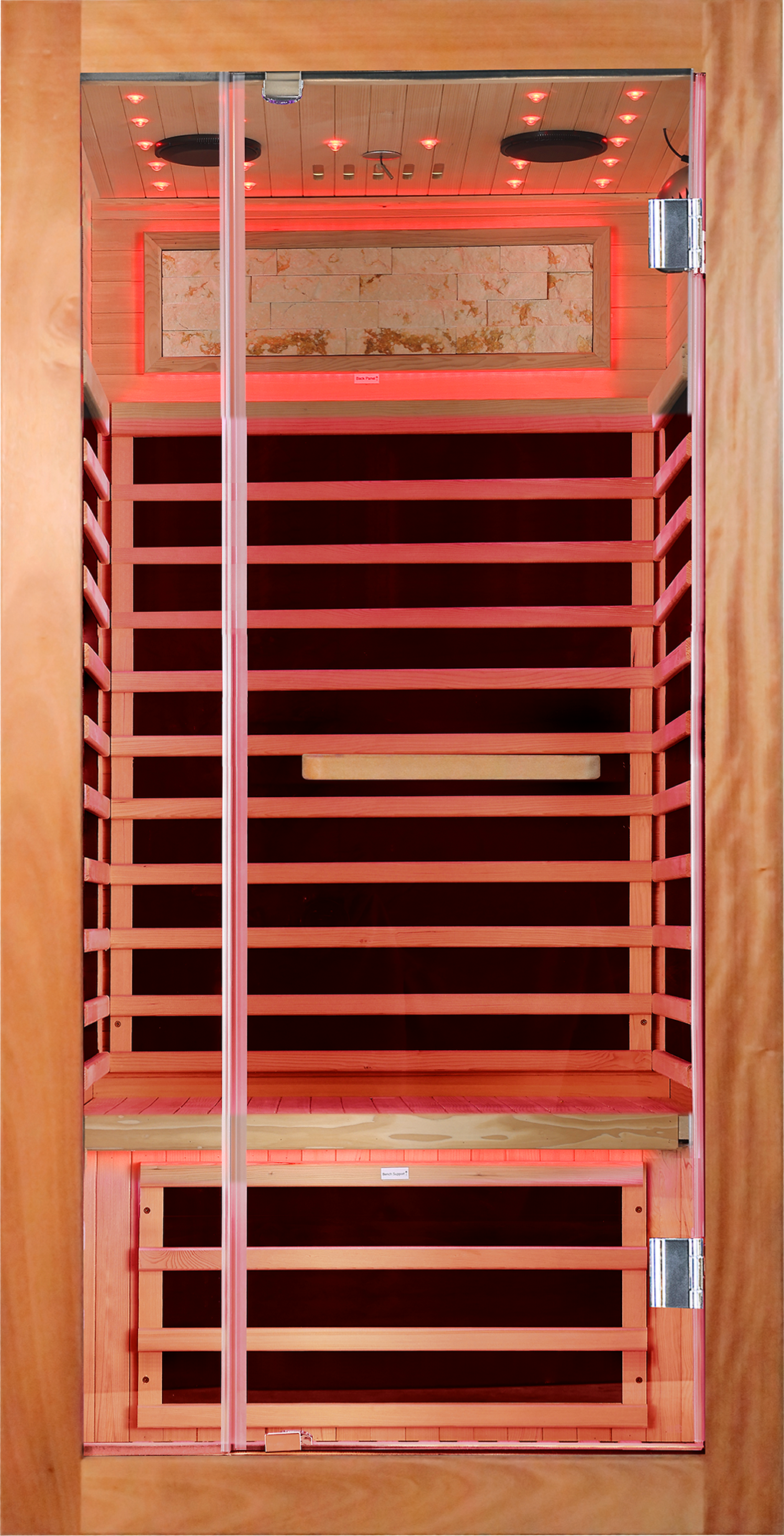 Single-Person Sauna Room with 7 Heating Plates in Ameican White Oak, glass door, red lighting on Tampa Home & Garden Store