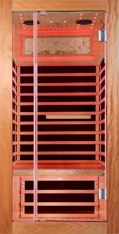 Single-Person Sauna Room with 7 Heating Plates in Ameican White Oak, glass door, red lighting on Tampa Home & Garden Store