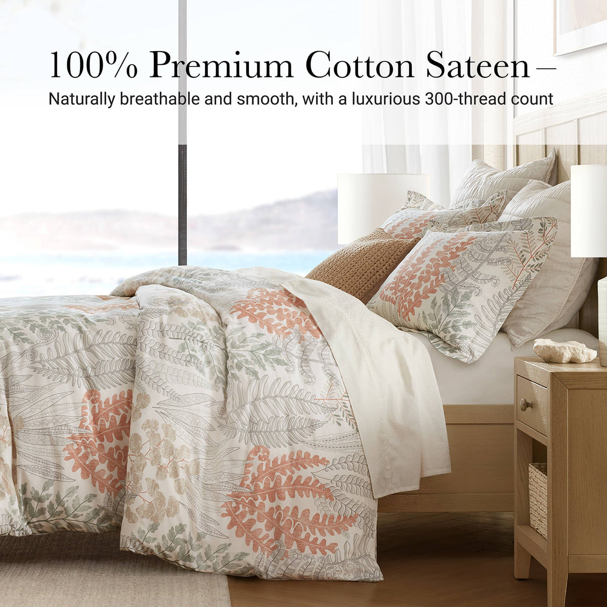 Cotton Sateen Duvet Cover Set for Full/Queen with botanical leaf print in peach/sage on Tampa Home & Garden Store