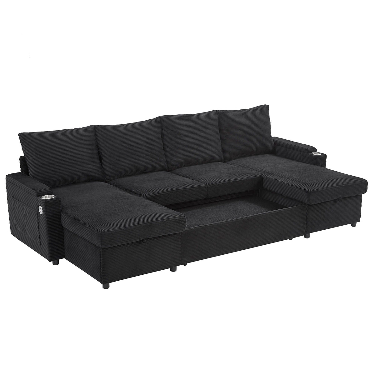 U-shaped sleeper sectional black fabric, storage chaise, USB ports, cup holders HouseOfZazla on Tampa Home & Garden Store