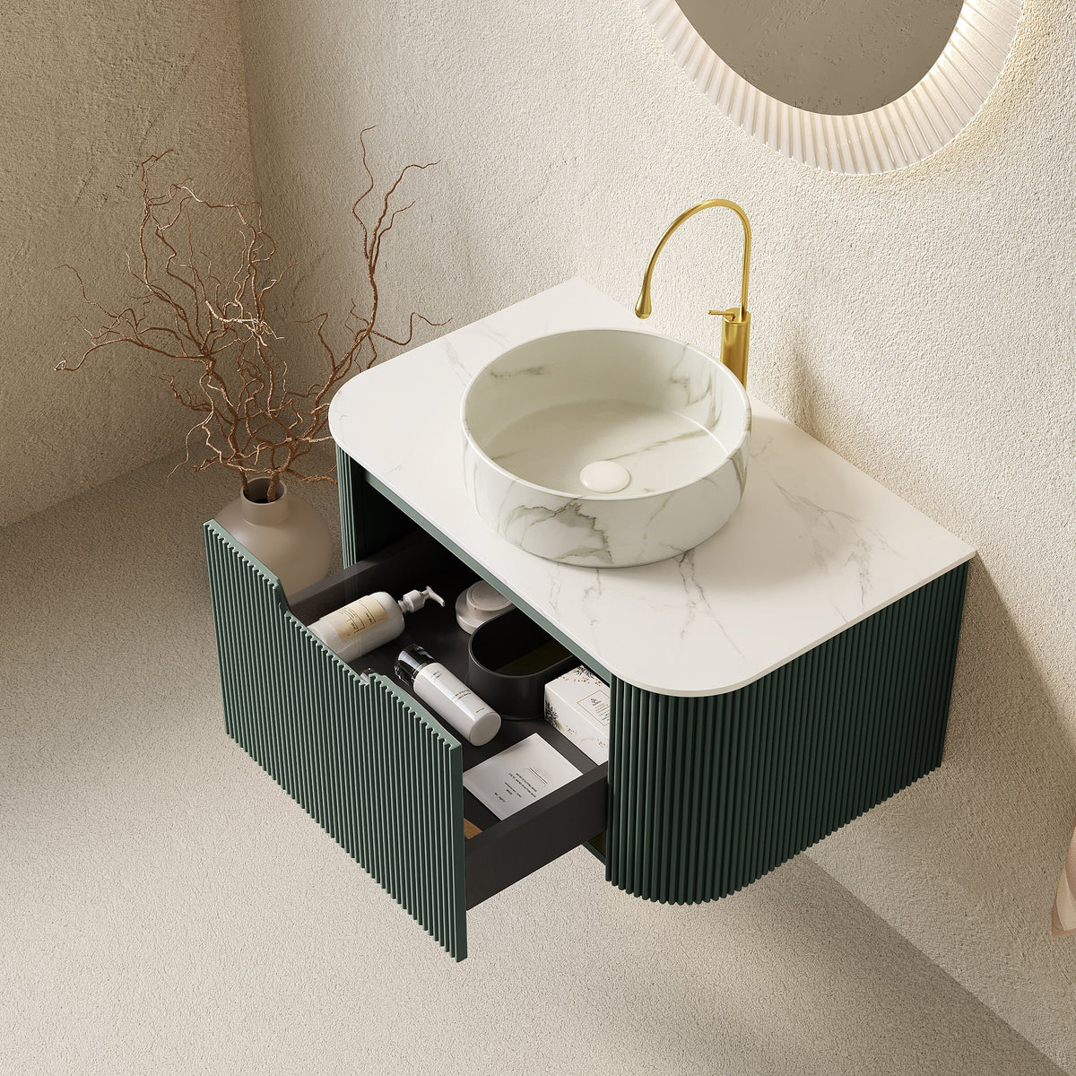Modern bath vanity with ceramic vessel sink on marble countertop and gold faucet, green ribbed cabinet on Tampa Home & Garden Store