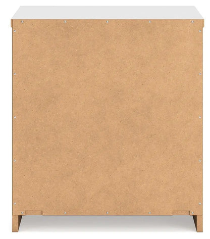 Onita two-drawer nightstand back view, brown particleboard panel with white top, short legs on Tampa Home & Garden Store