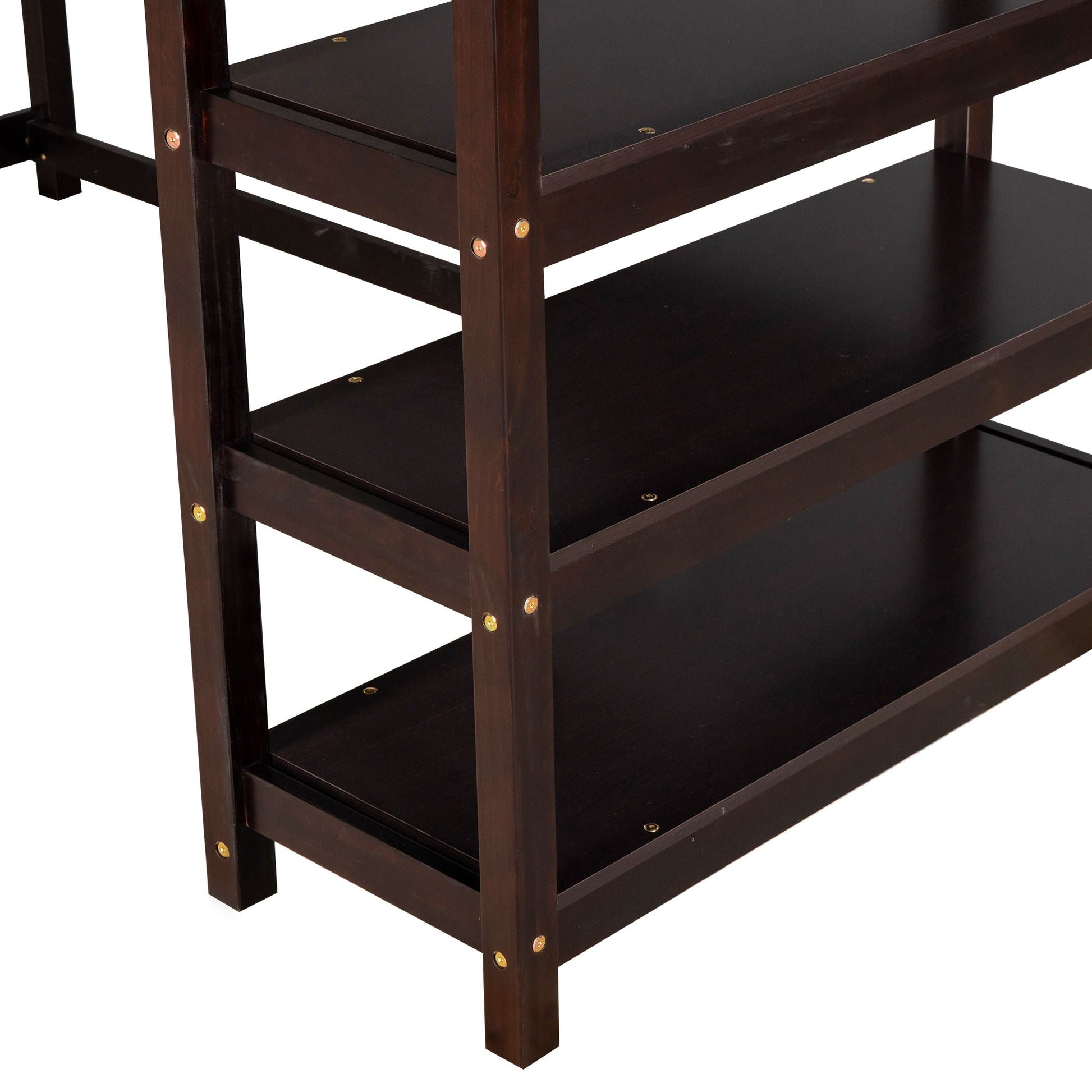 Loft bed with storage shelves and under-bed desk in dark brown wood on Tampa Home & Garden Store