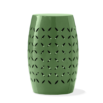 HouseOfZazla outdoor side table, green barrel shape with leaf perforations on Tampa Home & Garden Store