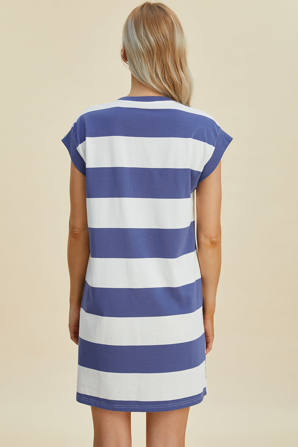 Stevvex striped round-neck cap-sleeve mini dress in blue and white horizontal stripes back view on Tampa Home & Garden Store