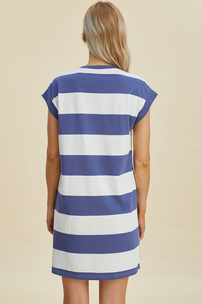 Stevvex striped round-neck cap-sleeve mini dress in blue and white horizontal stripes back view on Tampa Home & Garden Store
