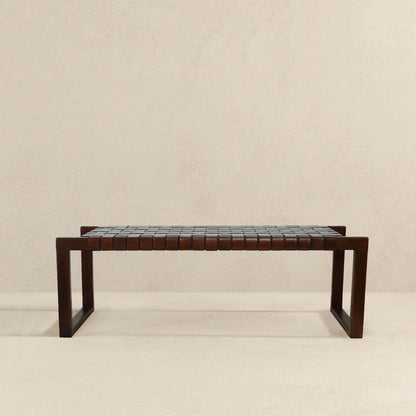 Cognac brown upholstered bench with leather tile seat in mid-century modern wood frame on Tampa Home & Garden Store