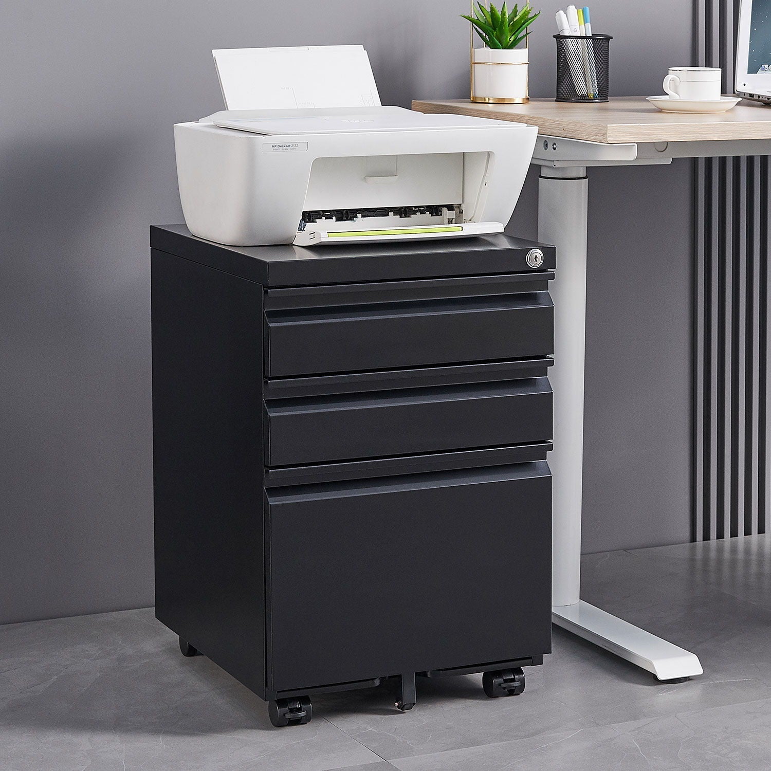 3-drawer mobile filing cabinet with lock, black metal on casters, by Unique Piece Furniture on Tampa Home & Garden Store