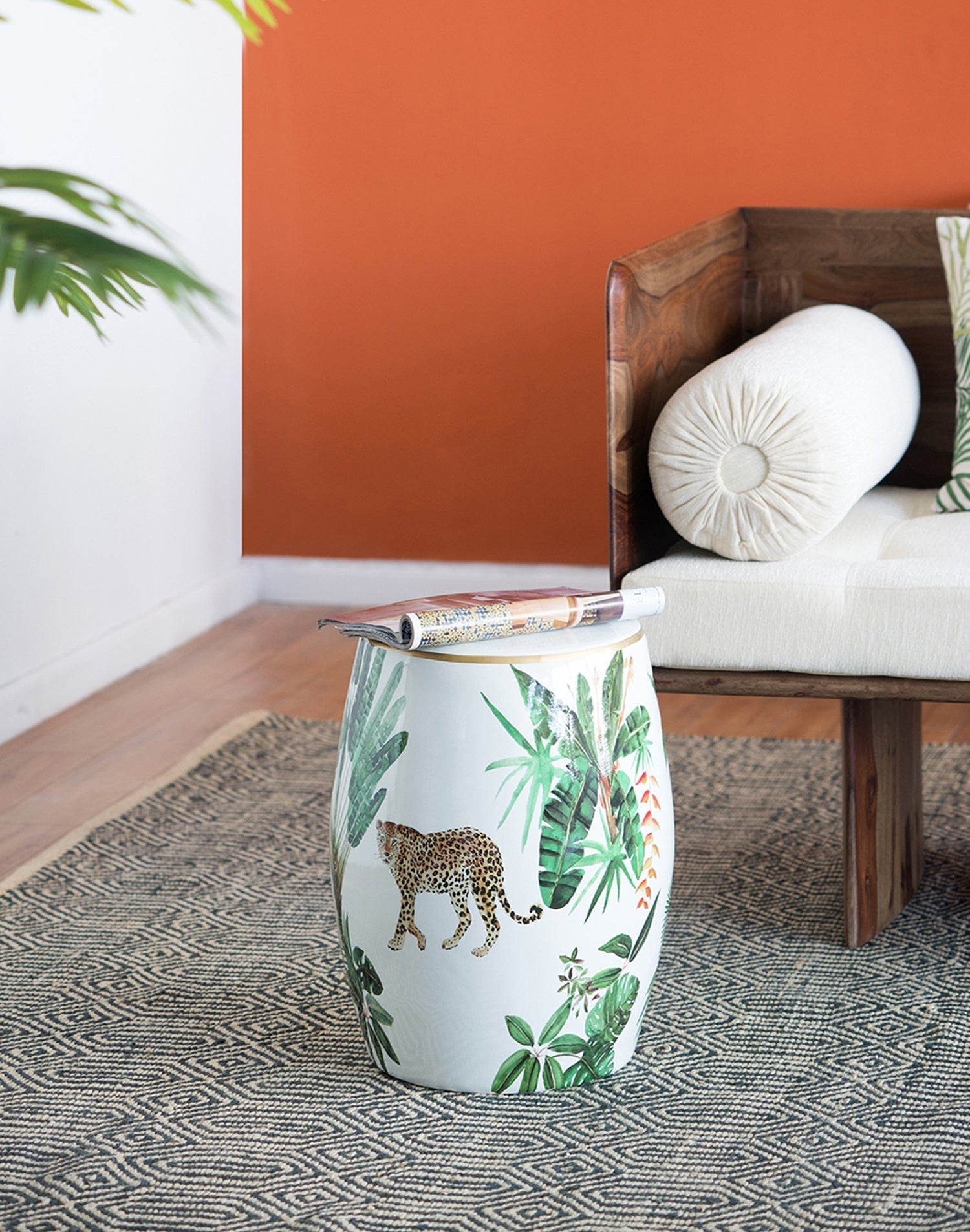 Ceramic jungle-themed garden stool with leopard and palm print by HouseOfZazla on Tampa Home & Garden Store