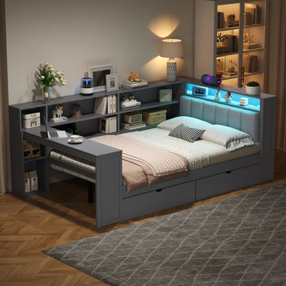 Platform bed with grey upholstered headboard, built-in desk and storage shelves with LEDs on Tampa Home & Garden Store